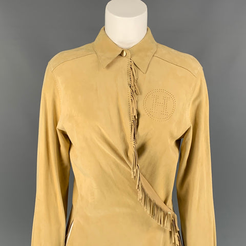 HERMES Size 6 Beige Suede Perforated Faux Wrap Blouse