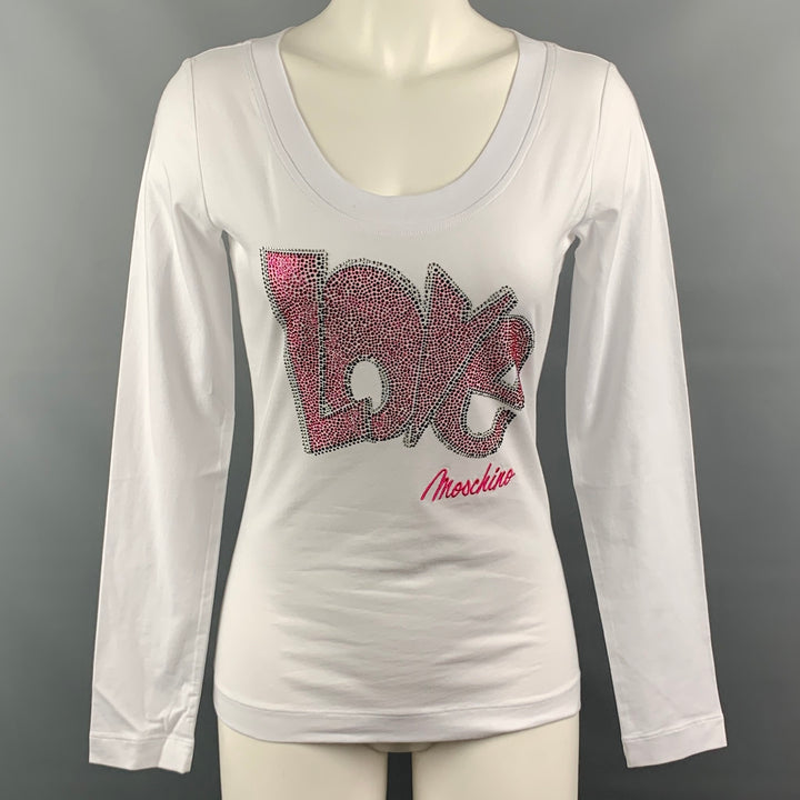 LOVE MOSCHINO Size 4 White Pink Cotton / Elastane Rhinestones Long Sleeves T-Shirt