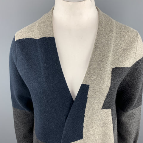JIL SANDER Size 12 Grey Navy & Olive Green Color Block Cashmere Coat