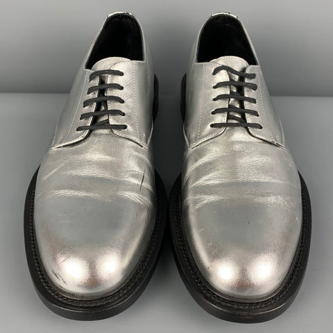 SAINT LAURENT Size 11 Silver Metallic Leather Lace Up Shoes