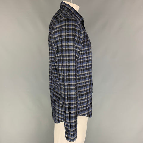 LOUIS VUITTON Size XL Blue Black Grey Plaid Silk Button Up Long Sleeve Shirt