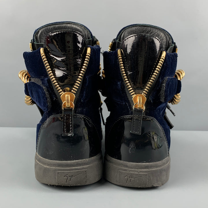 GIUSEPPE ZANOTTI Size 10.5 Navy Velvet Crystal Chain-Front High Top Sneakers