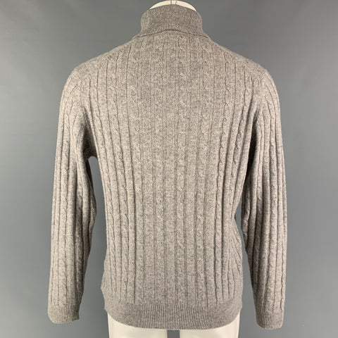 SAKS FIFTH AVENUE Size S Grey Cable Knit Cashmere Turtleneck Sweater