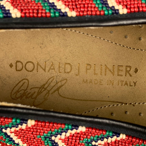 DONALD J PLINER Size 9 Red Navy Green Beaded Leather Slip On Loafers