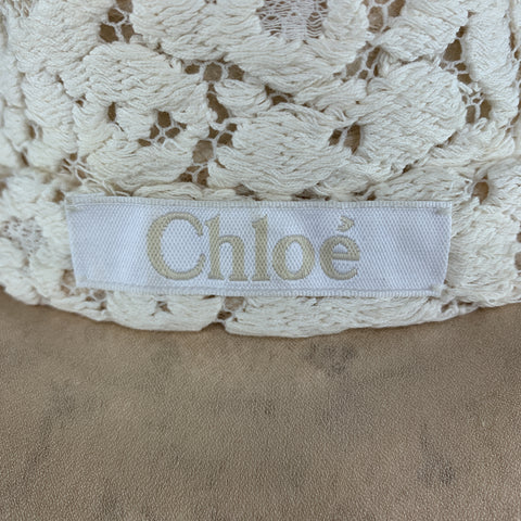CHLOE Size 4 Cream Lace Faux Pearl Flower Notch Lapel Evening Coat