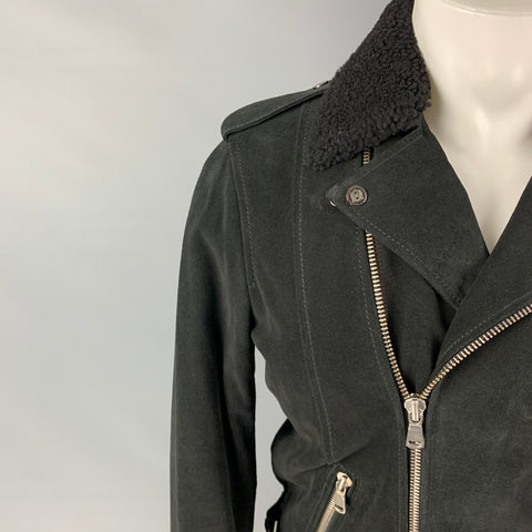 THE KOOPLES Size M Black Leather Shearling Collar Biker Jacket