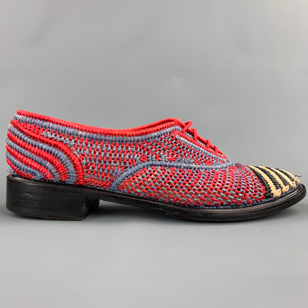 ROBERT CLERGERIE Size 7.5 Red & Blue Hand Woven Raffia Moccasins