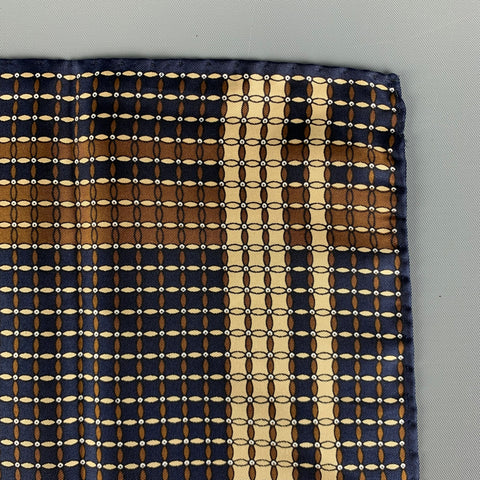 YVES SAINT LAURENT Navy Beige Squares Silk Pocket Square