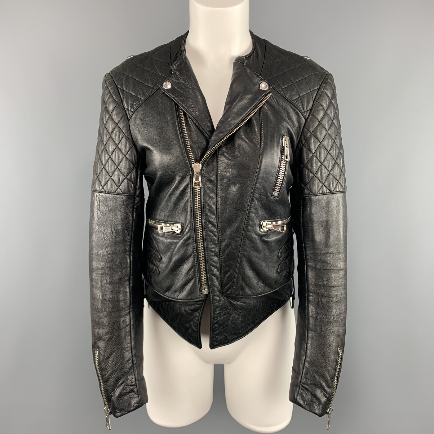 BALENCIAGA Size 8 Black Quilted Leather Biker Moto Jacket  Sui Generis  Designer Consignment