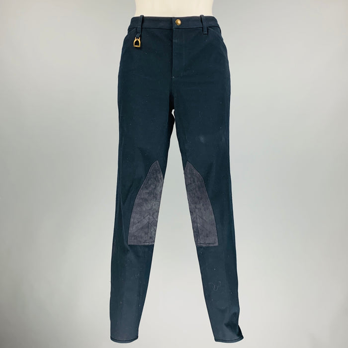 RALPH LAUREN Size 8 Navy Cotton Elastane Patchwork Suede Casual Pants