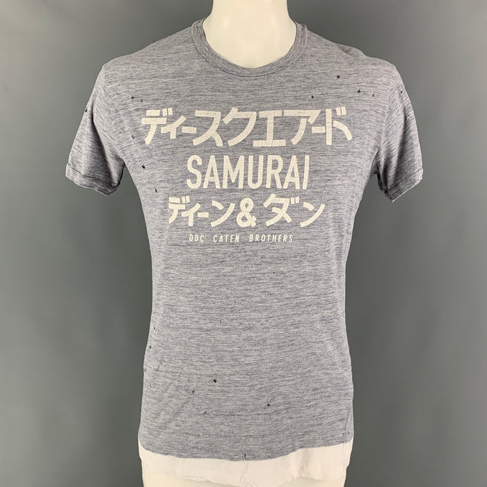 DSQUARED2 Size XL Grey White Samurai Graphic Cotton T-shirt