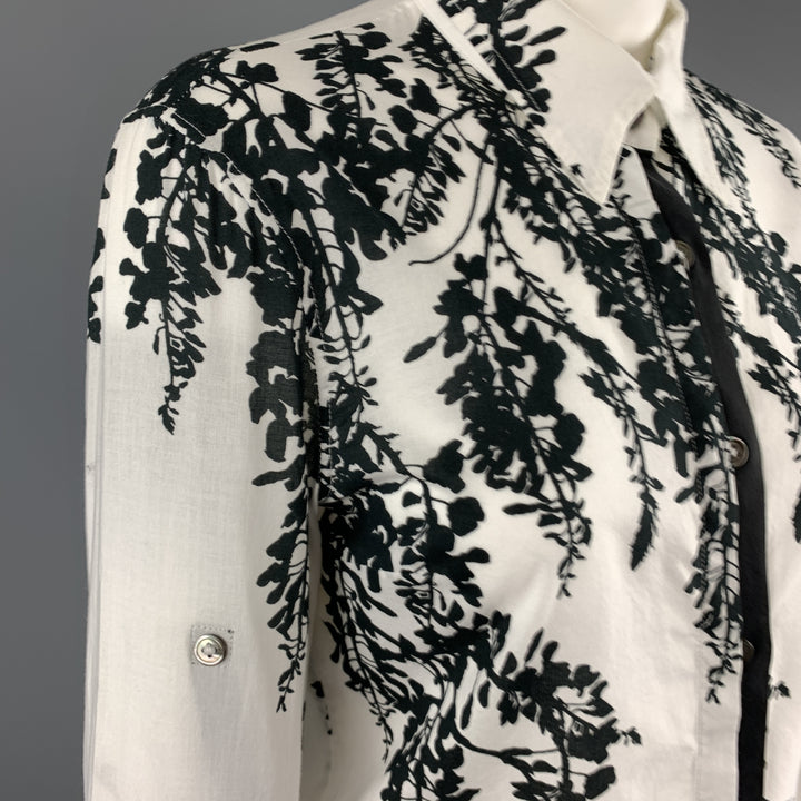 ANN DEMEULEMEESTER Size 2 Black & White Floral Print Cotton Blouse