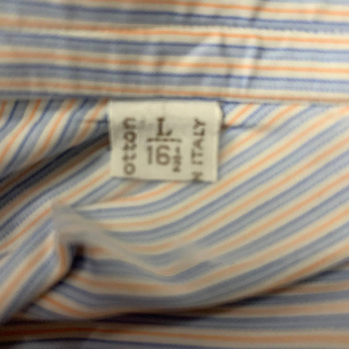 BRIONI Size L White, Blue & Orange Stripe Cotton Button Down Long Sleeve Shirt
