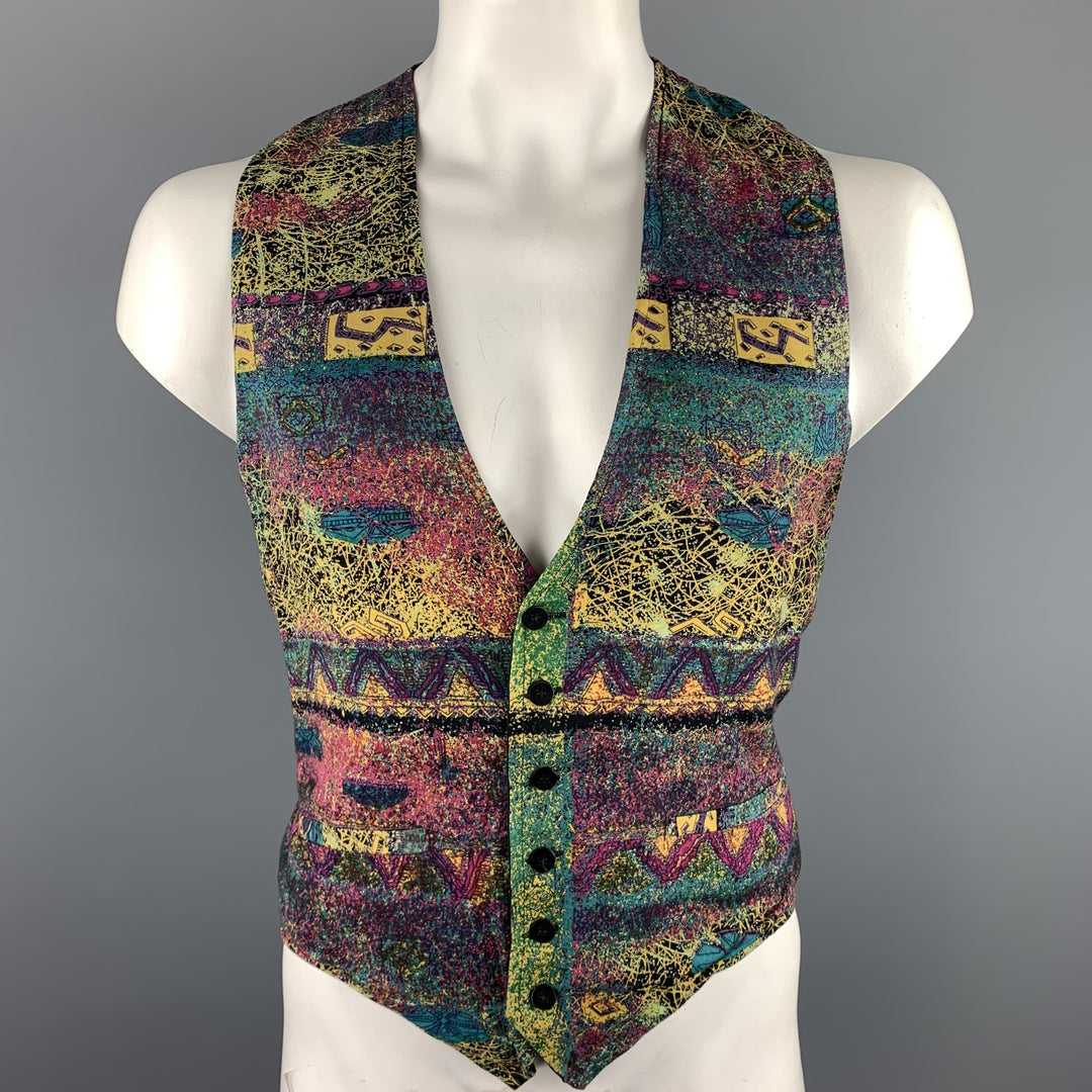 Vintage A PERLA Size 40 Multi-Color Print Viscose Buttoned Vest