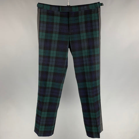 RALPH LAUREN PURPLE LABEL Size 34 Black & Green Navy Blackwatch Plaid Virgin Wool Dress Pants