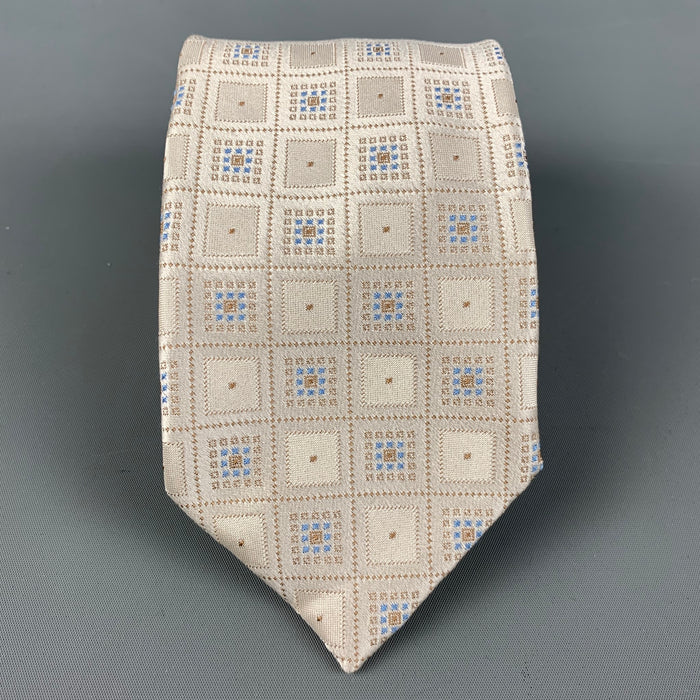 BRIONI Ivory &  Blue Checkered Silk Tie