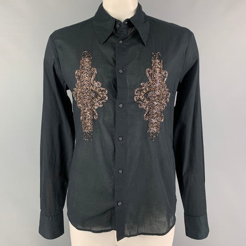 JUST CAVALLI Size XL Black Embroidery Cotton Button Up Long Sleeve Shirt