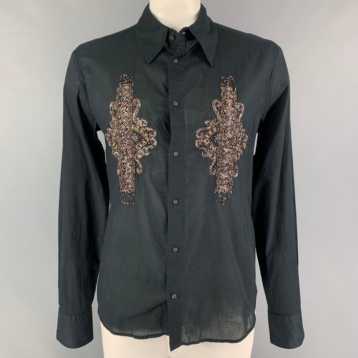 JUST CAVALLI Size XL Black Embroidery Cotton Button Up Long Sleeve Shirt