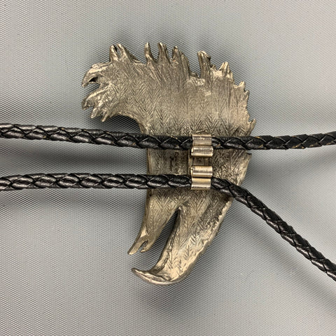 VINTAGE Silver Black Woven Leather Metal Bolo Tie