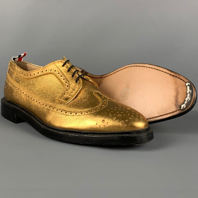 THOM BROWNE Size 10 Gold Perforated Leather Wingtip Lace Up Shoes