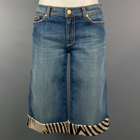 ROBERTO CAVALLI Taille 6 Short en coton/polyuréthane à ourlet zébré indigo et marron