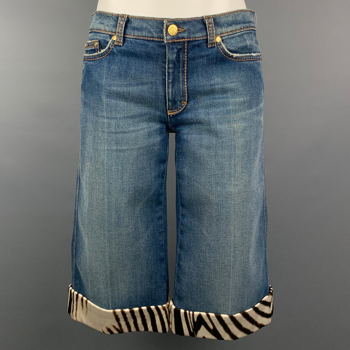 ROBERTO CAVALLI Talla 6 Pantalones cortos de algodón / poliuretano con dobladillo de cebra índigo y marrón