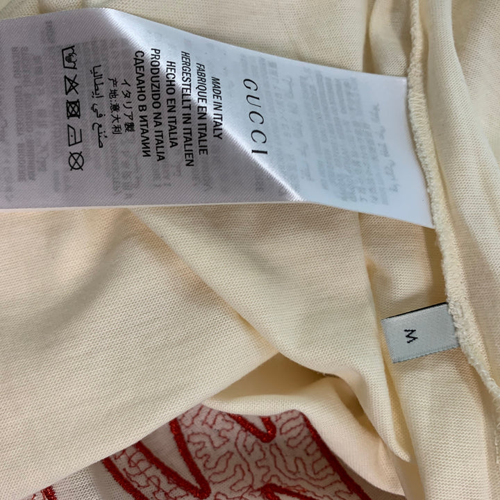 GUCCI Talla M Camiseta con cuello redondo de algodón bordado rojo beige