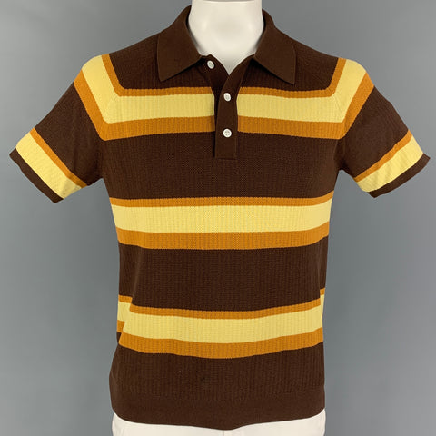 TODD SNYDER Size L Brown Mustard Stripe Silk Cotton Buttoned Polo