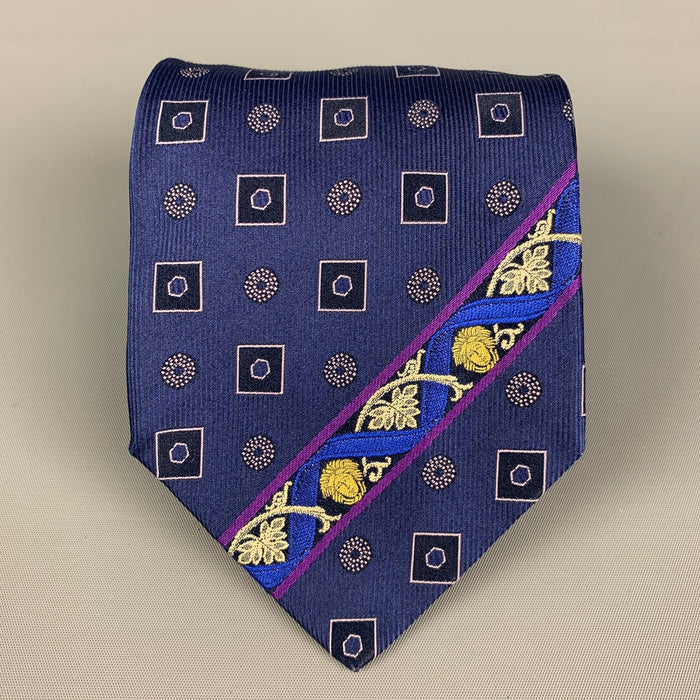 GIANNI VERSACE Navy Black Square Print Silk Tie