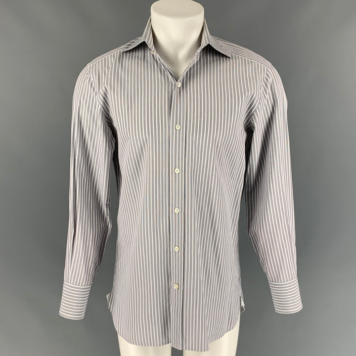 TOM FORD Camisa de manga larga con cuello extendido de algodón a rayas gris Talla M