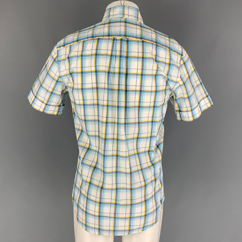 CAFE COTON Size M White Blue Yellow Plaid Cotton Short Sleeve Shirt