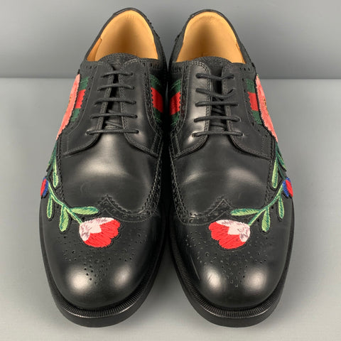 GUCCI Size 10.5 Black Applique Leather Wingtip Lace Up Shoes