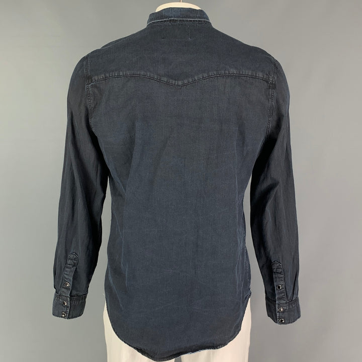 SANDRO Size XL Indigo Solid Cotton Western Long Sleeve Shirt