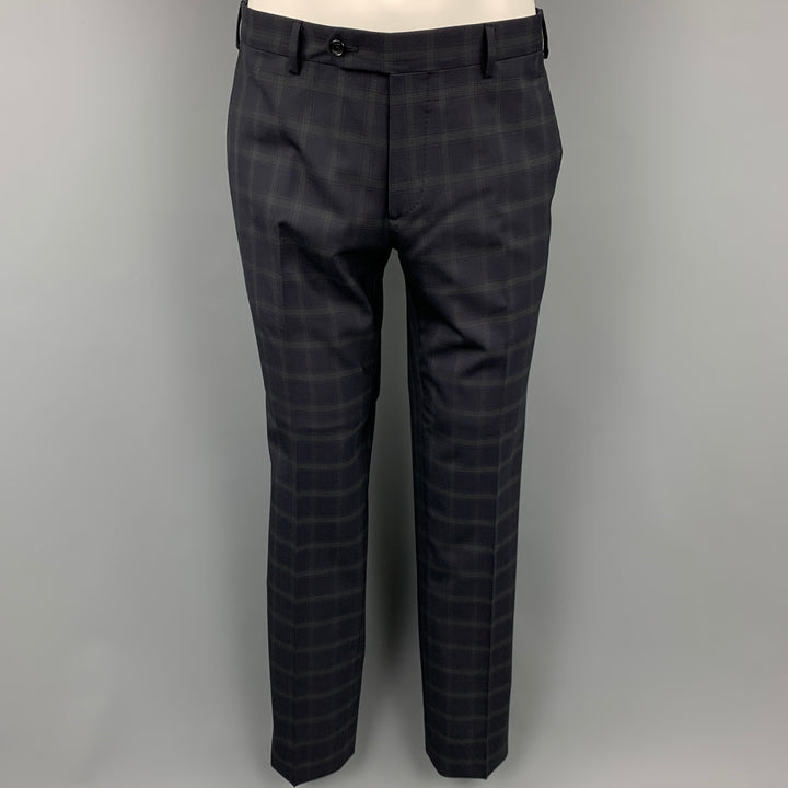BELVEST Size 38 Regular Navy Window Pane Wool Notch Lapel Suit
