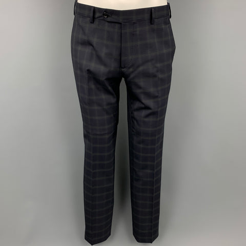 BELVEST Size 38 Regular Navy Window Pane Wool Notch Lapel Suit