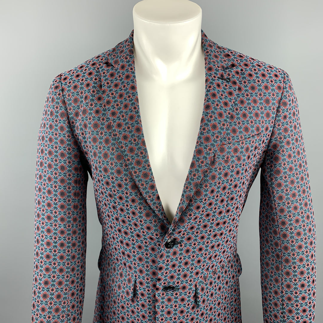 MR. TURK Size 36 Blue & Red Print Polyester Blend Peak Lapel Sport Coat