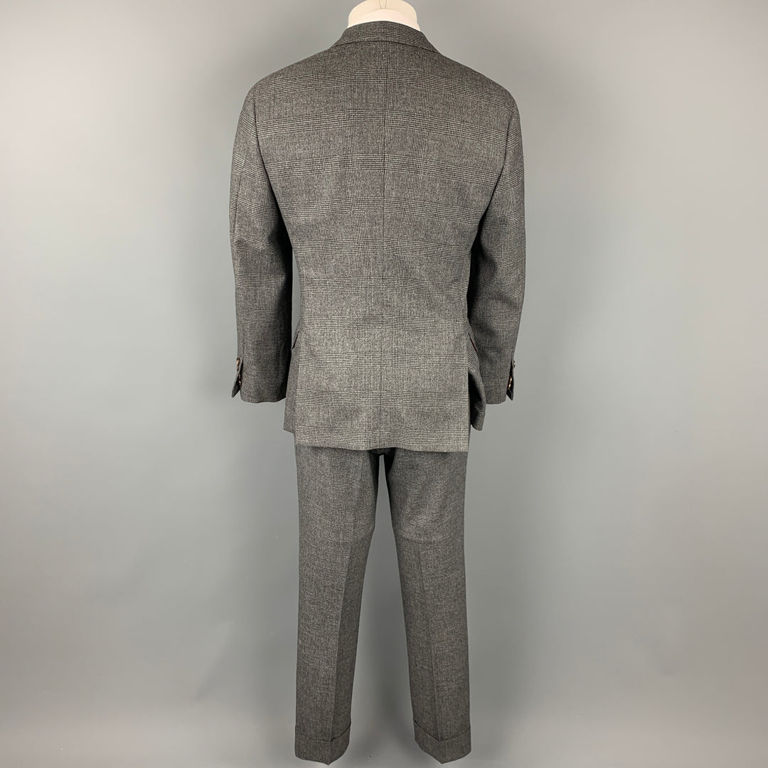 BRUNELLO CUCINELLI for WILKES BASHFORD Size 38 Charcoal & Grey Glenplaid Wool Blend Peak Lapel Suit