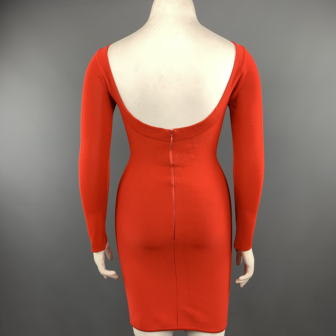 Vintage HERVE LEGER Size M Coral Red Open Back Long Sleeve Bandage Dre Sui Generis Designer Consignment Vintage HERVE LEGER Size M Coral Red Open Back Long Sleeve Bandage Dre Sui Generis Designer Consignment