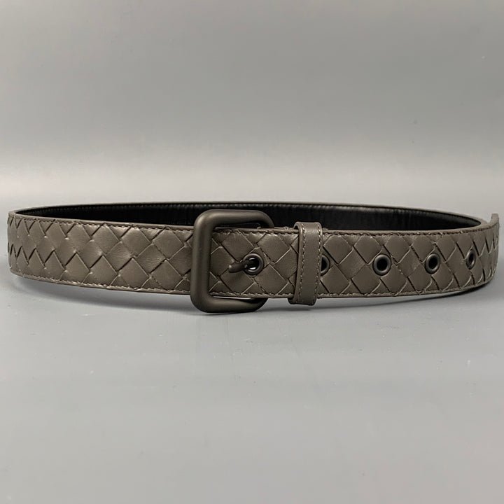 BOTTEGA VENETA Size 34 Grey Woven Leather Monochromatic Buckle Belt