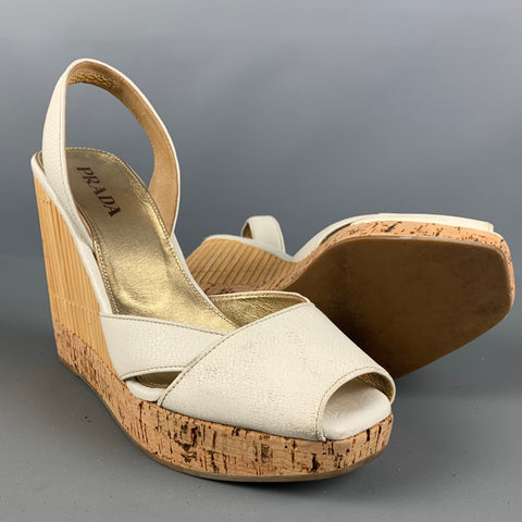 PRADA Size 6 Cream Beige Bamboo Leather Slingback Sandals