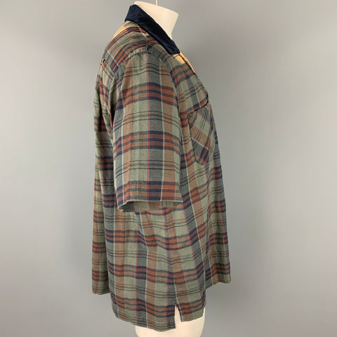 SACAI Size L Green & Navy Plaid Cotton Camp Short Sleeve Shirt