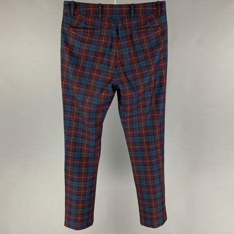 AIME LEON DORE Talla 32 Pantalón de vestir con botones de algodón y lana a cuadros color burdeos azul marino