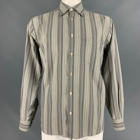 ERMENEGILDO ZEGNA Size L Taupe & Blue Stripe Cotton &  Silk Long Sleeve Shirt