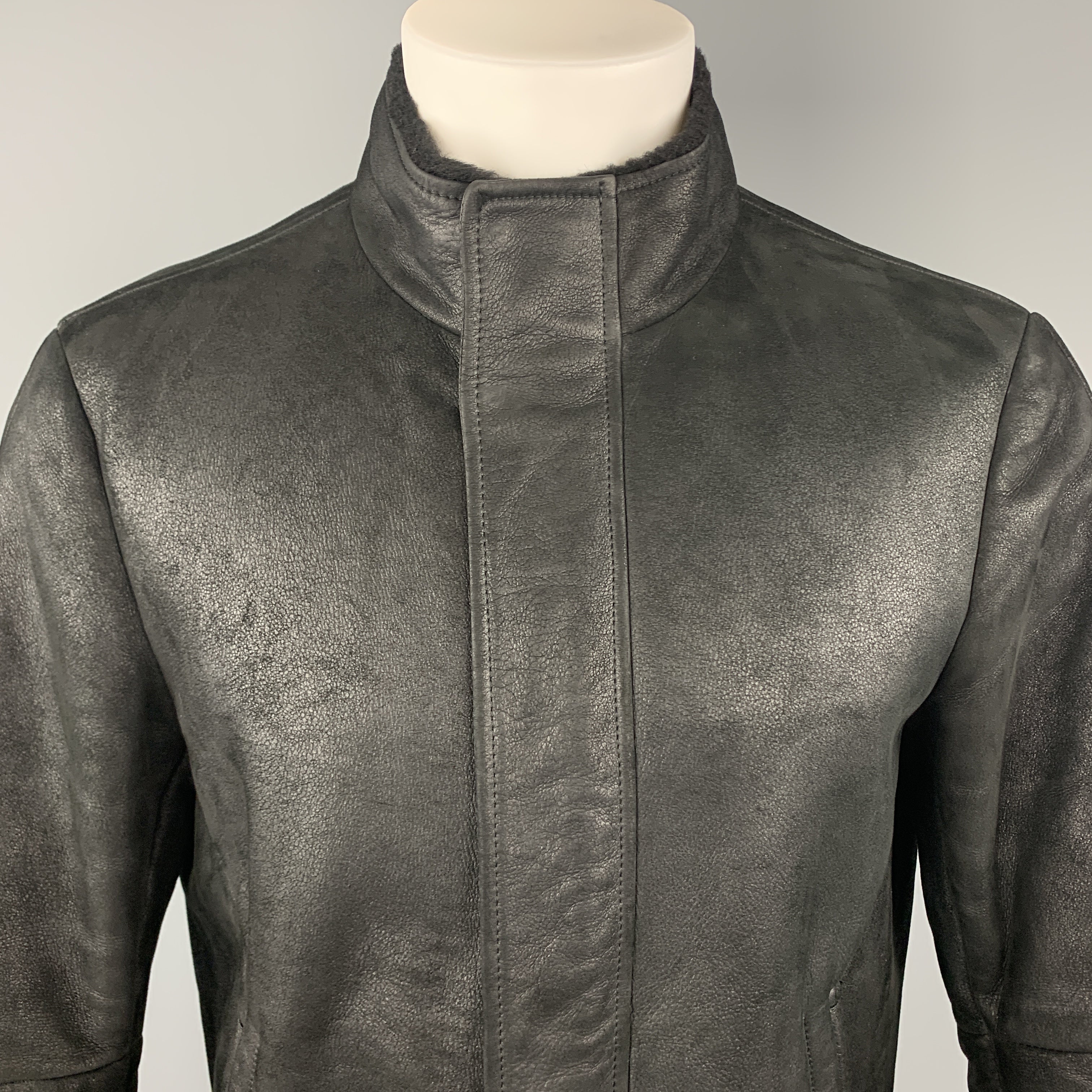JIL SANDER Size 42 Black Shearling Leather High Collar Zip Up