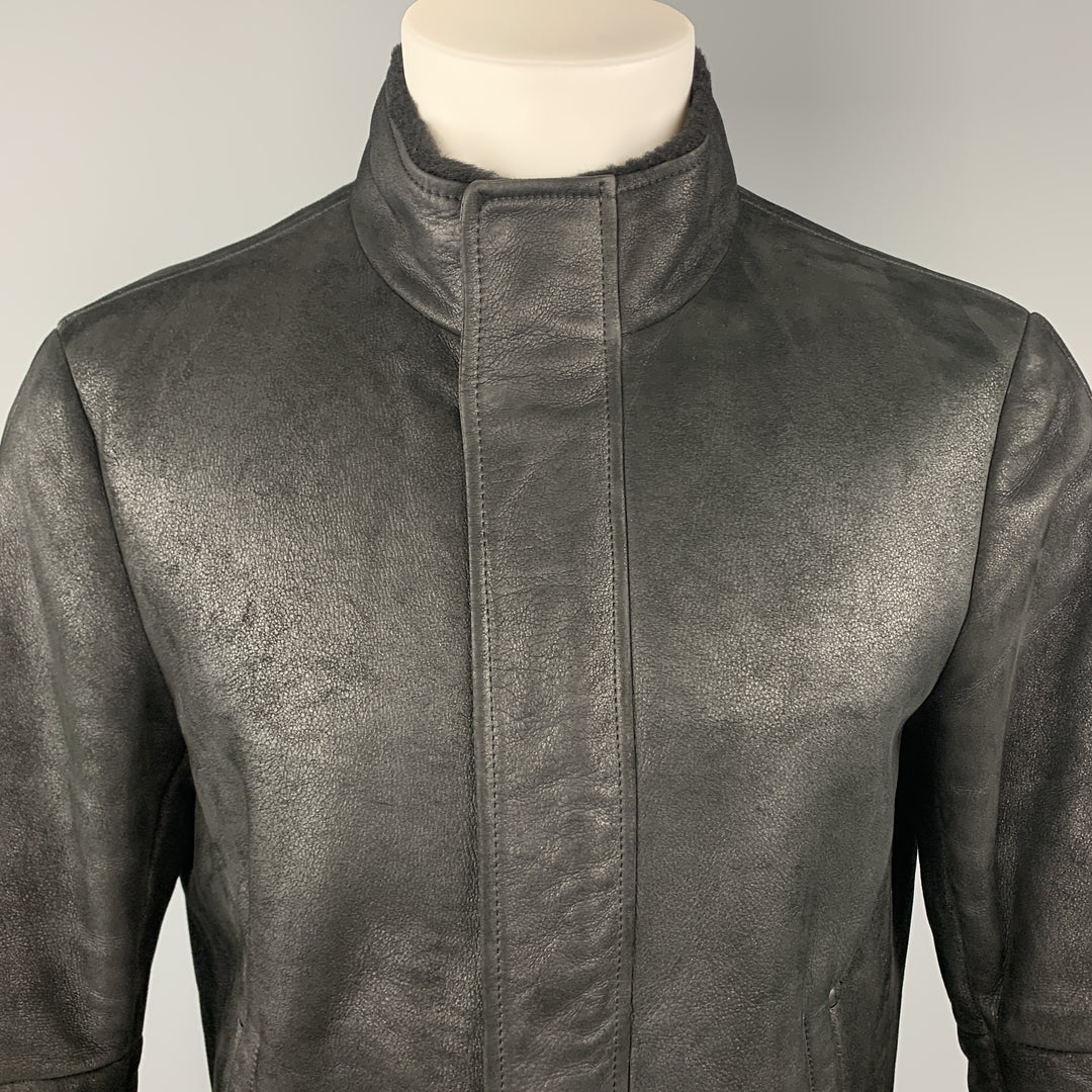 JIL SANDER Size 42  Black Shearling Leather High Collar Zip Up Jacket