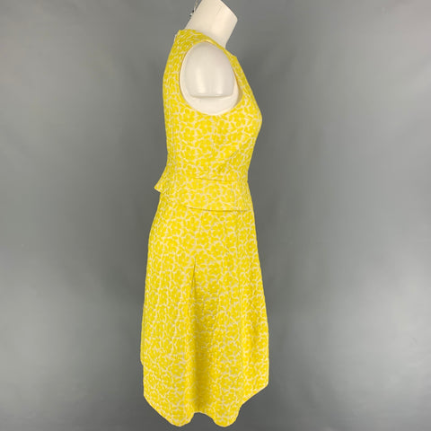 JIL SANDER Talla 2 Vestido acampanado de mezcla de algodón jacquard blanco amarillo