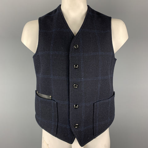 45rpm Size L Navy Plaid FOX BROTHERS Wool Leather Pocket Vest