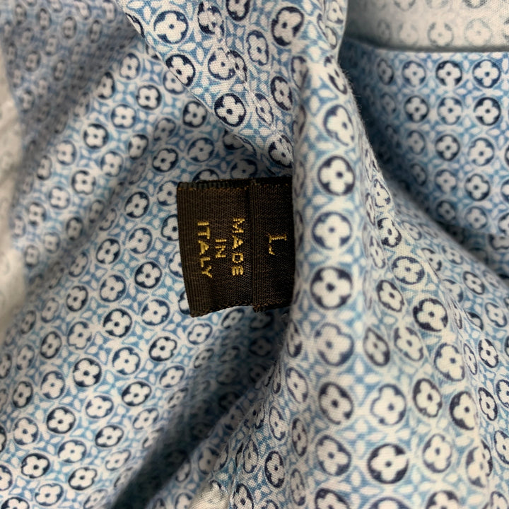LOUIS VUITTON Size L Light Blue Print Cotton Button Up Long Sleeve Shirt