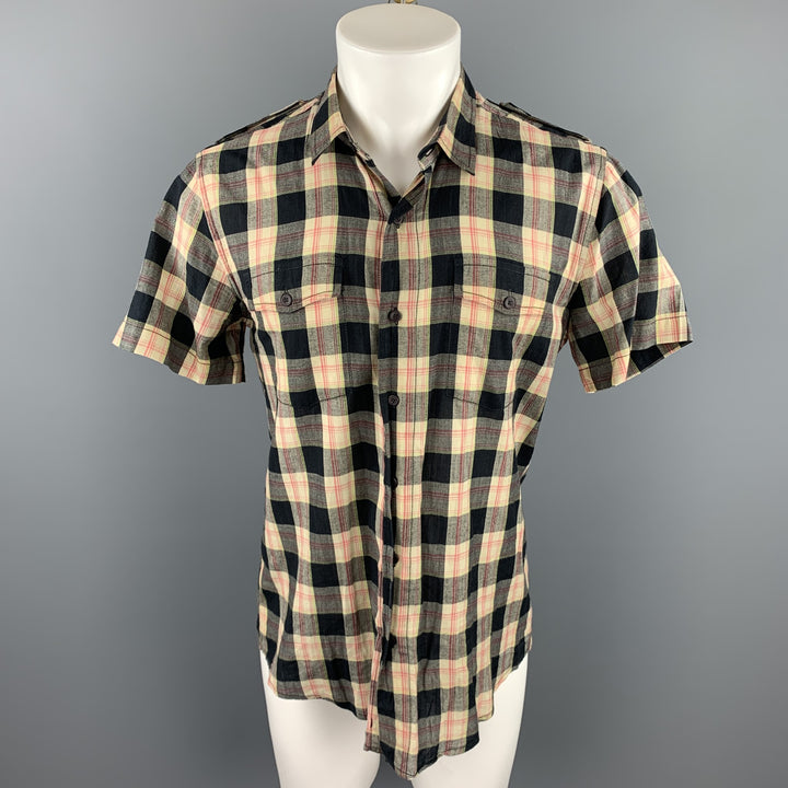 NICE COLLECTIVE Size M Beige Plaid Cotton Button Up Short Sleeve Shirt