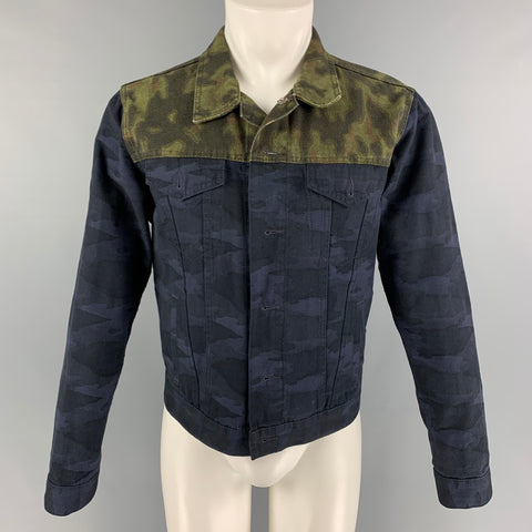 DRIES VAN NOTEN Size M Navy Green Cotton Camo Print Trucker Jacket